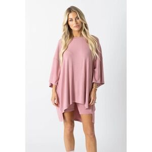 The Foxy Kind All Weekend Long Ribbed Oversized Lounge Top S/M Tunic Set Blush